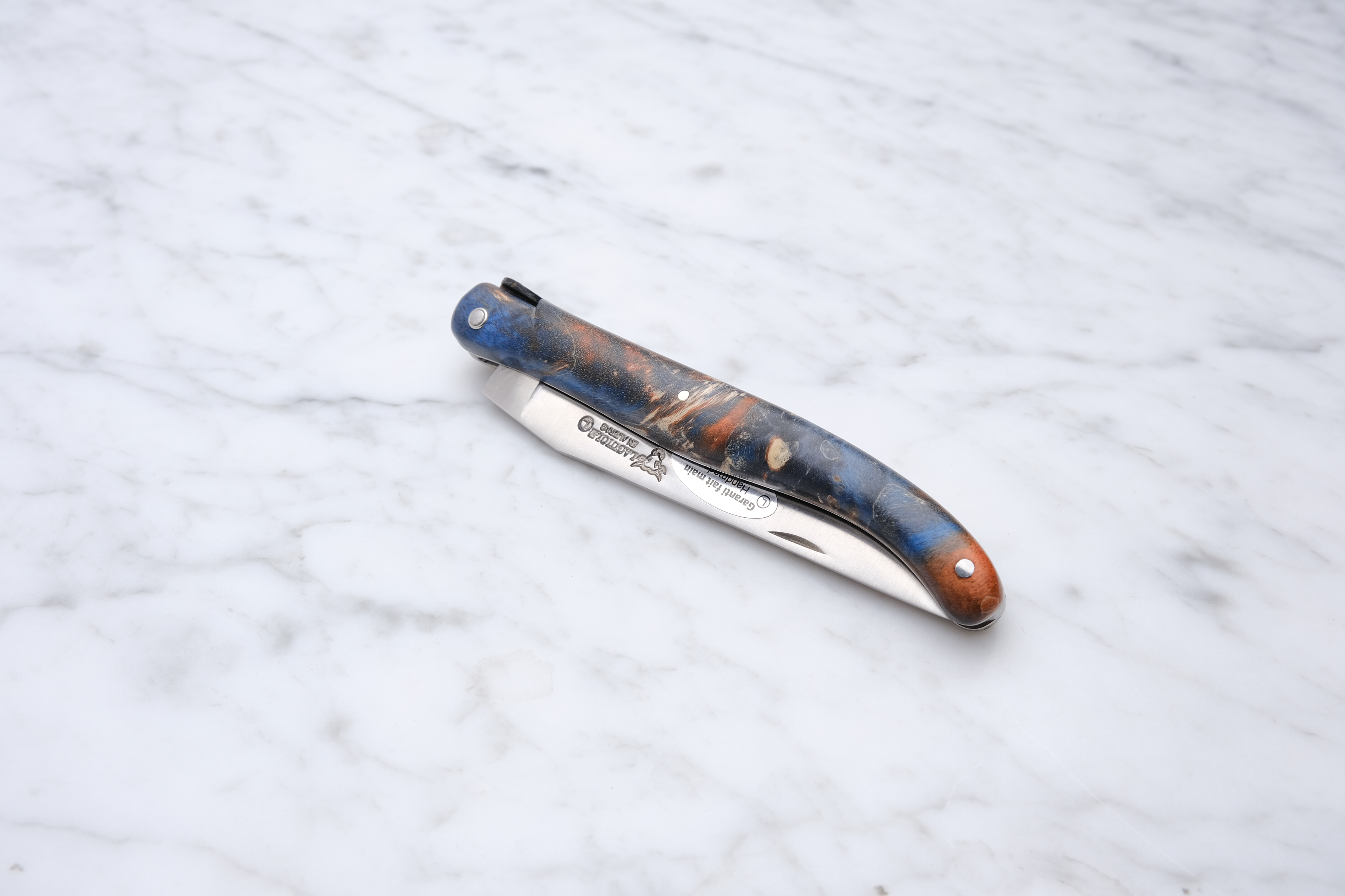 Laguiole Folding Knife 12cm - Blue Stabilized Poplar Burl (Earth Theme)