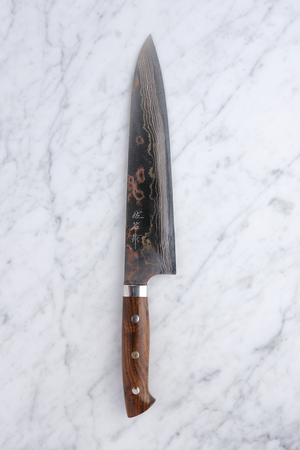 Takeshi Saji 240 mm Gyuto – Aogami 2 Rainbow Damaskus – Western Ironwood
