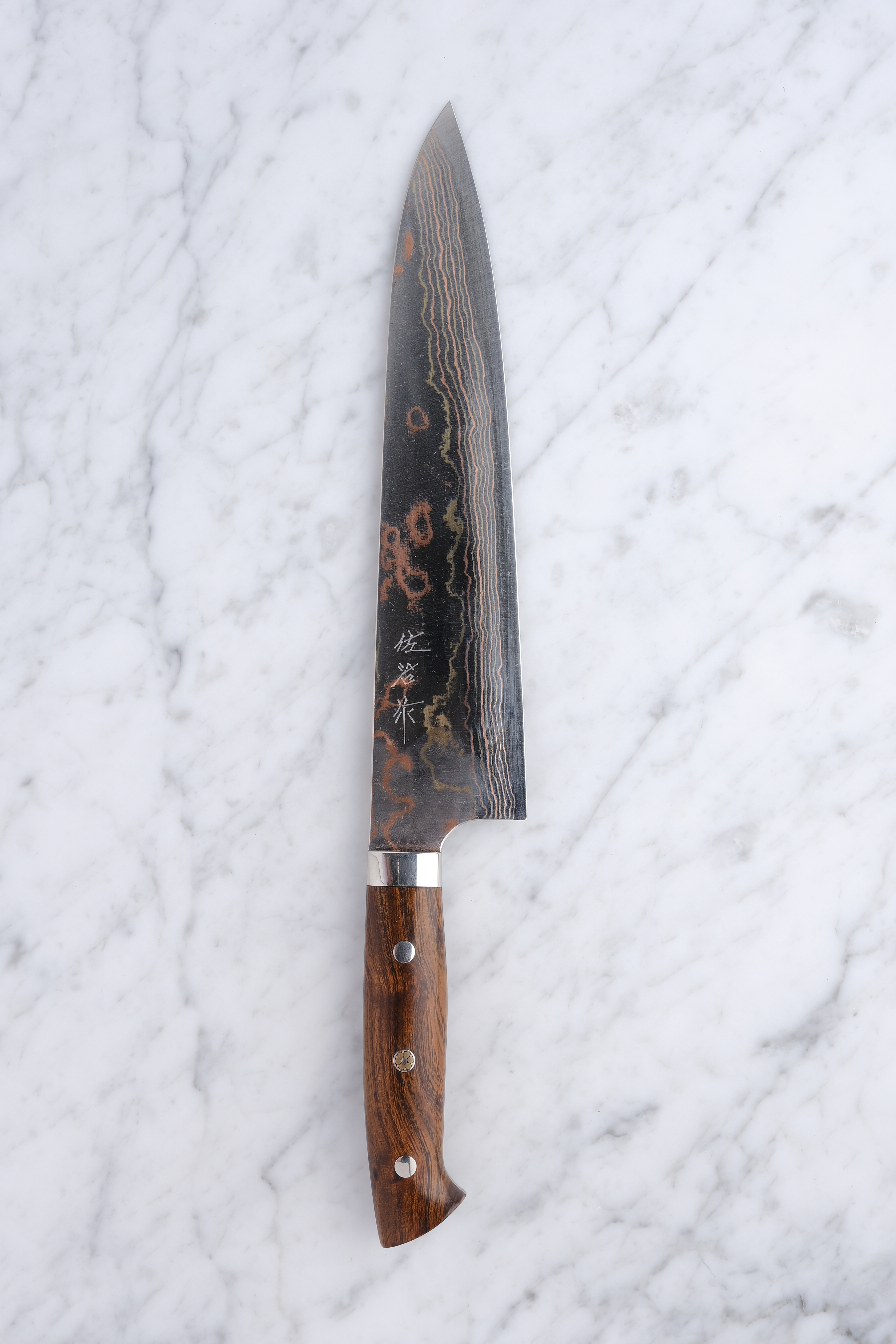 Takeshi Saji 240 mm Gyuto – Aogami 2 Rainbow Damaskus – Western Ironwood