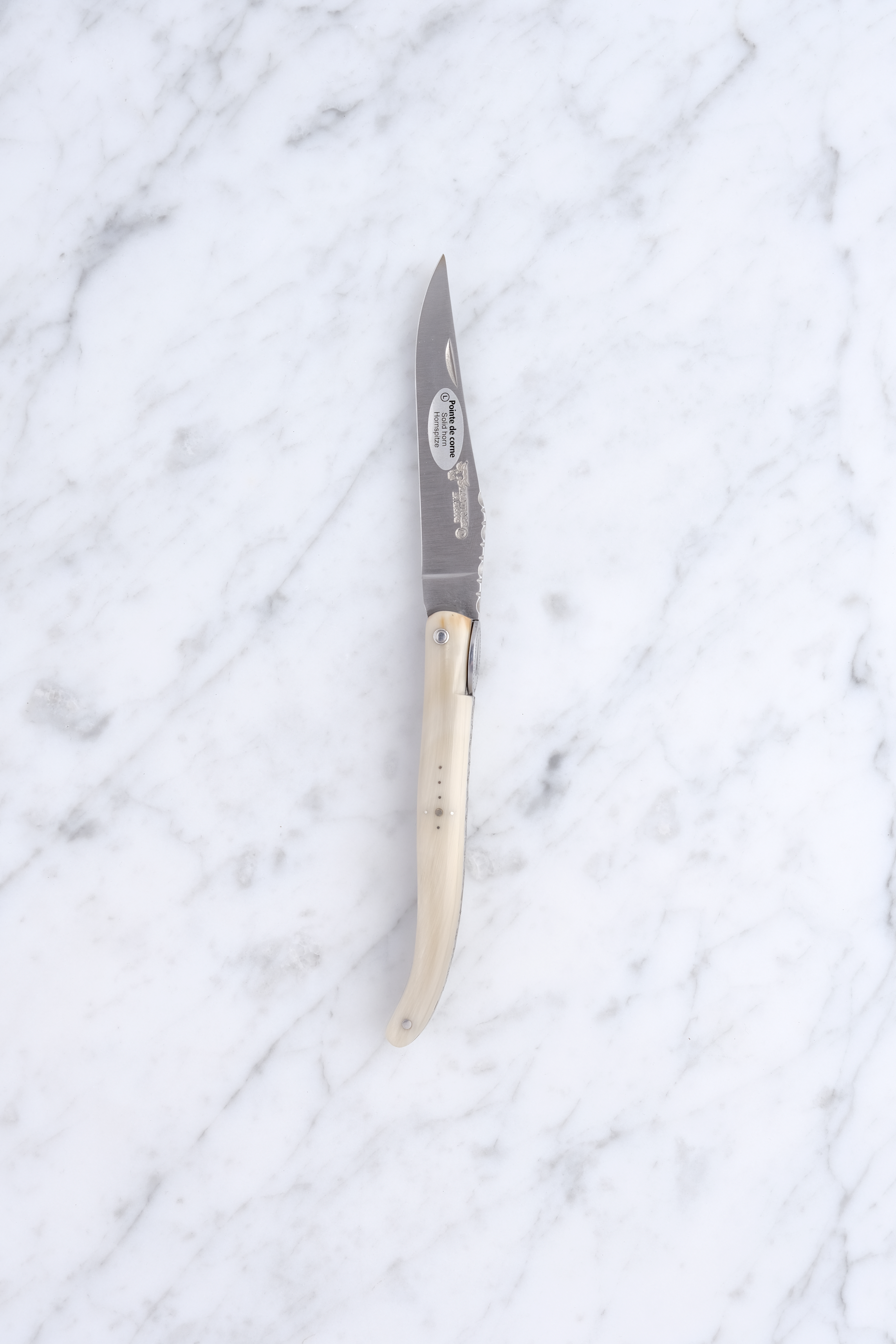 Laguiole Klappmesser 12 cm – Stahl vom Eiffelturm / Weißes Büffelhorn