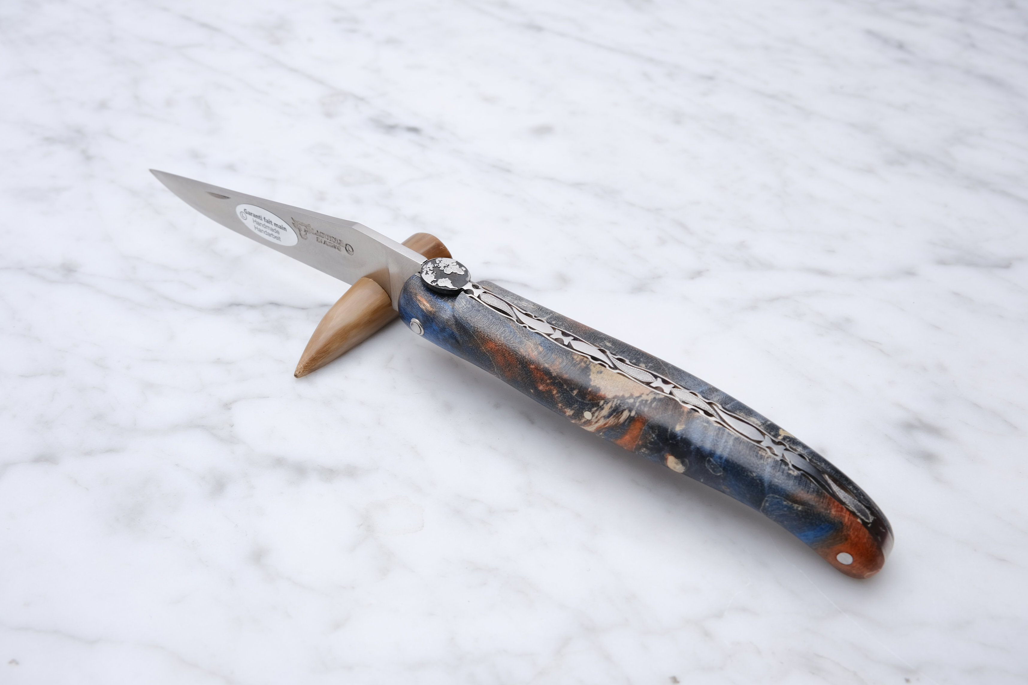 Laguiole Folding Knife 12cm - Blue Stabilized Poplar Burl (Earth Theme)